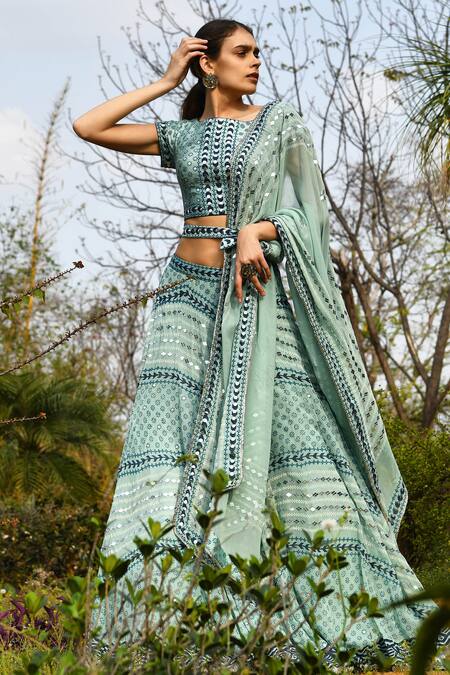 Shop_Surbhi Gupta_Blue Georgette Round Embroidered Lehenga Set _at_Aza_Fashions