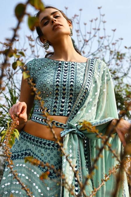 Buy_Surbhi Gupta_Blue Georgette Round Embroidered Lehenga Set _Online_at_Aza_Fashions