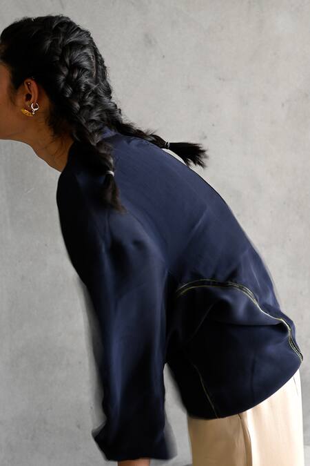 Somya Goyal_Blue Airjet 100% Viscose And Microfibre Faille- 95% Lantern Sleeved Top_Online_at_Aza_Fashions