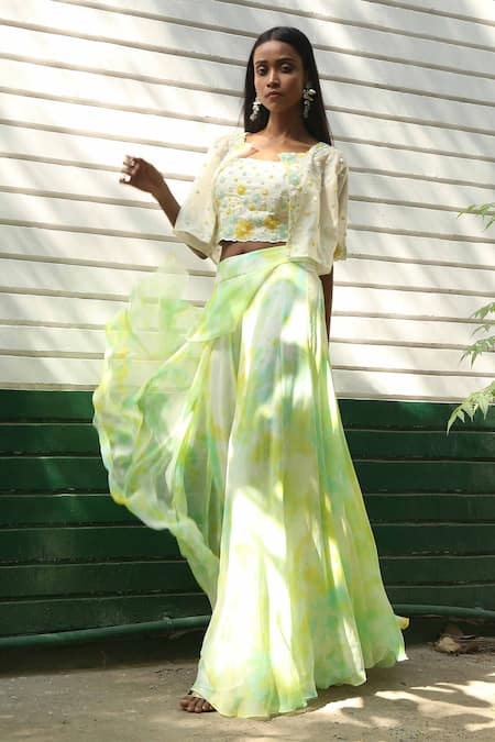 Buy_Surbhi Gupta_Green Georgette Tie-dye Pant Set  _Online_at_Aza_Fashions