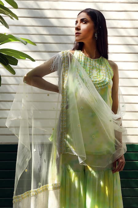 Buy_Surbhi Gupta_Green Georgette Tie-dye Kurta Sharara Set  _Online_at_Aza_Fashions