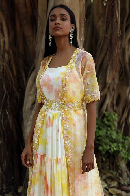 Buy_Surbhi Gupta_White Georgette Tie-dye Anarkali With Embroidered Organza Jacket  _Online_at_Aza_Fashions