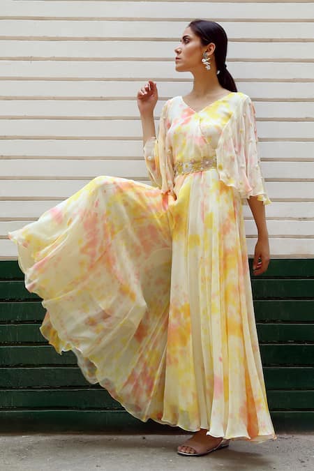 Surbhi Gupta_White Georgette Tie-dye Jumpsuit  _Online_at_Aza_Fashions