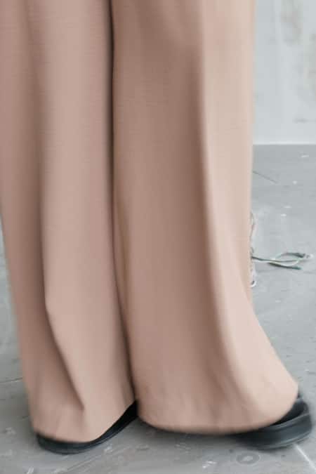 Buy_Somya Goyal_Beige 95% Polyester 5% Spandex Lining - 100% Viscose Plain Flared Trouser_Online_at_Aza_Fashions