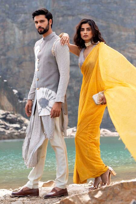 Soniya G_Grey Silk Zari Work Bandhani Jacket Cowl Kurta Set_Online_at_Aza_Fashions