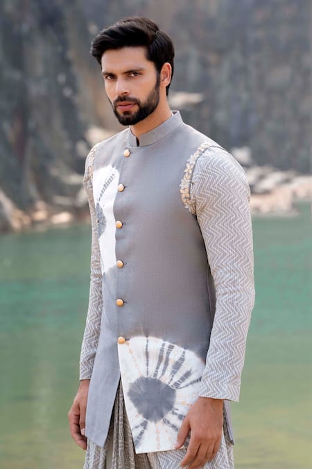 Shop_Soniya G_Grey Silk Zari Work Bandhani Jacket Cowl Kurta Set_Online_at_Aza_Fashions