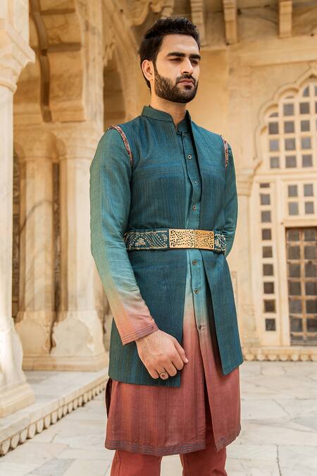 Buy Soniya G Blue Silk Kurta Set With Bundi Online at Aza Fashions Buy_Soniya G_Blue Silk Kurta Set With Bundi _Online_at_Aza_Fashions