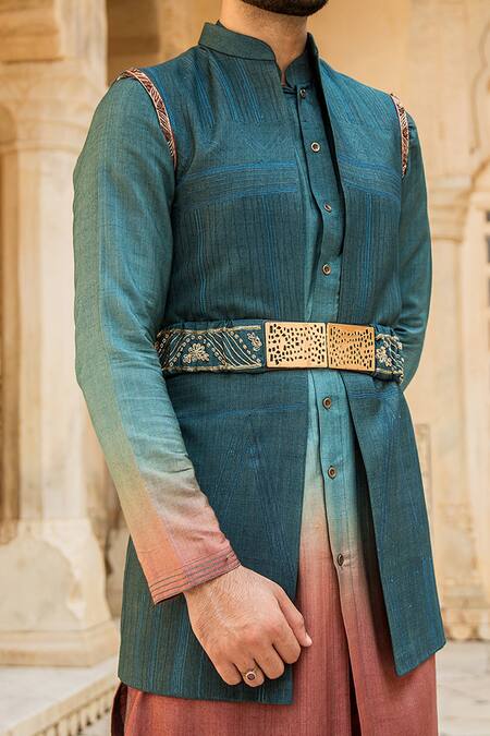 Shop Soniya G Blue Silk Kurta Set With Bundi Online at Aza Fashions Shop_Soniya G_Blue Silk Kurta Set With Bundi _Online_at_Aza_Fashions