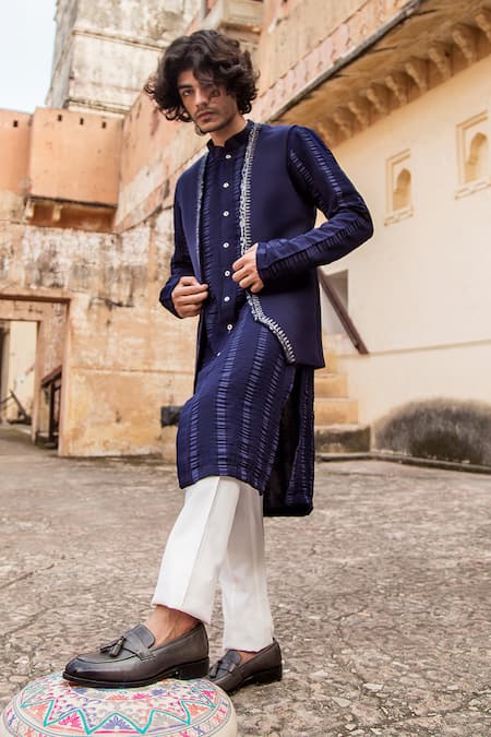 Soniya G_Blue Crepe Embroidered Bundi And Kurta Set_Online_at_Aza_Fashions