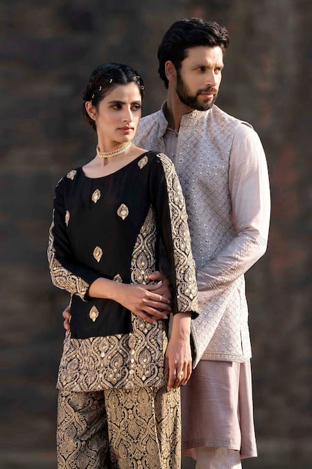 Soniya G_Grey Silk Sequins, Gota Patti Embroidered Jacket Kurta Set_Online_at_Aza_Fashions