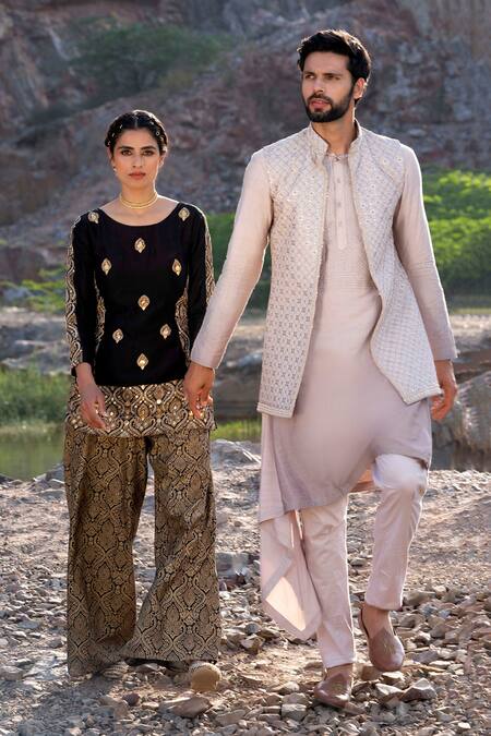 Buy_Soniya G_Grey Silk Sequins, Gota Patti Embroidered Jacket Kurta Set_Online_at_Aza_Fashions