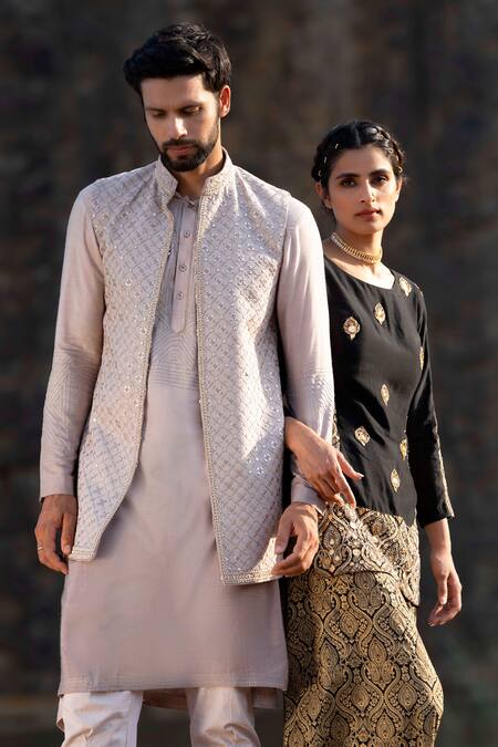 Shop_Soniya G_Grey Silk Sequins, Gota Patti Embroidered Jacket Kurta Set_Online_at_Aza_Fashions