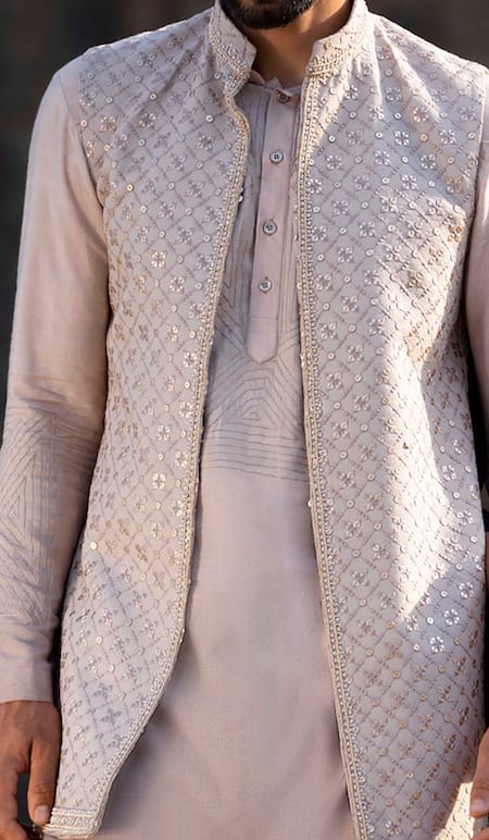 Soniya G_Grey Silk Sequins, Gota Patti Embroidered Jacket Kurta Set_at_Aza_Fashions