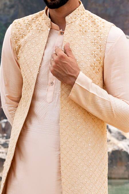 Buy_Soniya G_Gold Silk Embroidered Jacket Kurta Set_Online_at_Aza_Fashions