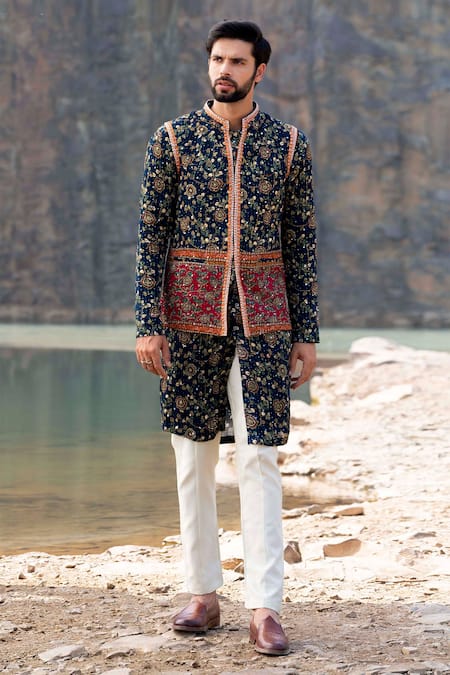 Shop Soniya G Blue Silk Zari Work Jacket Kurta Set at Aza Fashions Shop_Soniya G_Blue Silk Zari Work Jacket Kurta Set_at_Aza_Fashions