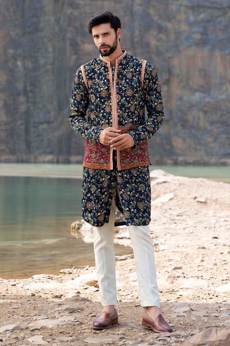 Buy Soniya G Blue Silk Zari Work Jacket Kurta Set Online at Aza Fashions Buy_Soniya G_Blue Silk Zari Work Jacket Kurta Set_Online_at_Aza_Fashions