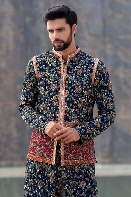 Shop Soniya G Blue Silk Zari Work Jacket Kurta Set Online at Aza Fashions Shop_Soniya G_Blue Silk Zari Work Jacket Kurta Set_Online_at_Aza_Fashions