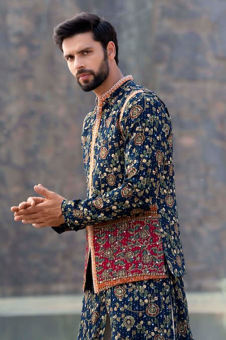 Soniya G Blue Silk Zari Work Jacket Kurta Set at Aza Fashions Soniya G_Blue Silk Zari Work Jacket Kurta Set_at_Aza_Fashions