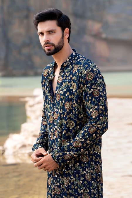 Shop_Soniya G_Blue Silk Mirror Work Floral Kurta Set _at_Aza_Fashions
