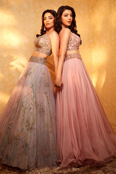 Buy_Anushree Reddy_Pink Organza Embroidered Floral Open Cutwork Jacket And Ruffle Lehenga Set _Online_at_Aza_Fashions