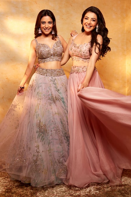 Shop_Anushree Reddy_Pink Organza Embroidered Floral Open Cutwork Jacket And Ruffle Lehenga Set _Online_at_Aza_Fashions