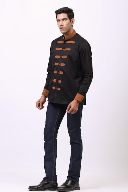Buy_Cosa Nostraa_Black Giza Cotton, Vegan Suede Contrast Strap Shirt _Online_at_Aza_Fashions