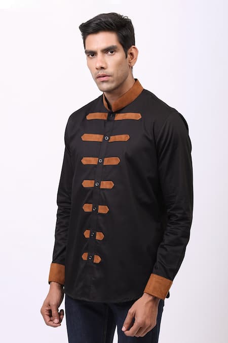 Shop_Cosa Nostraa_Black Giza Cotton, Vegan Suede Contrast Strap Shirt _Online_at_Aza_Fashions