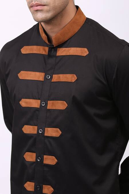 Cosa Nostraa_Black Giza Cotton, Vegan Suede Contrast Strap Shirt _at_Aza_Fashions