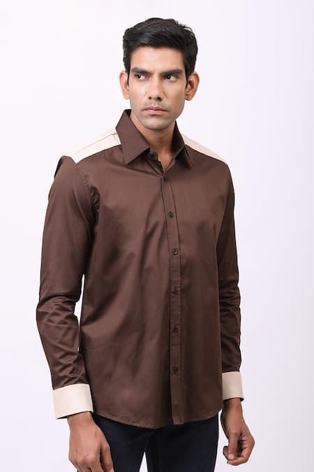 Cosa Nostraa_Brown Giza Cotton, Vegan Suede Patchwork Shirt _Online_at_Aza_Fashions
