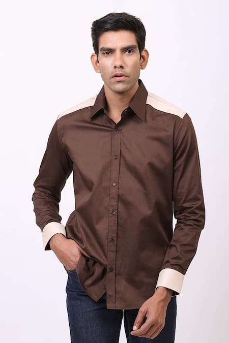 Buy_Cosa Nostraa_Brown Giza Cotton, Vegan Suede Patchwork Shirt _Online_at_Aza_Fashions