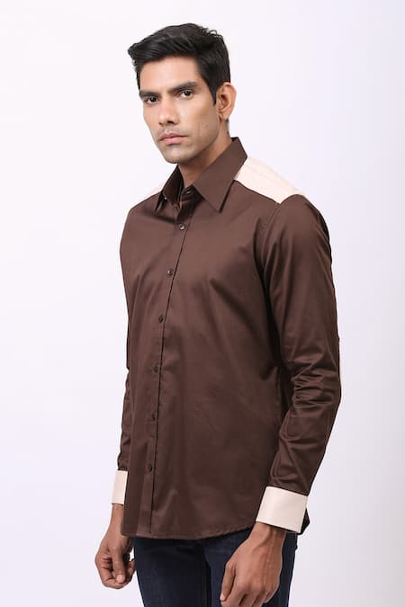 Shop_Cosa Nostraa_Brown Giza Cotton, Vegan Suede Patchwork Shirt _Online_at_Aza_Fashions