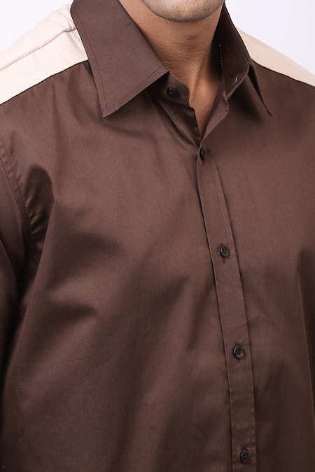 Cosa Nostraa_Brown Giza Cotton, Vegan Suede Patchwork Shirt _at_Aza_Fashions
