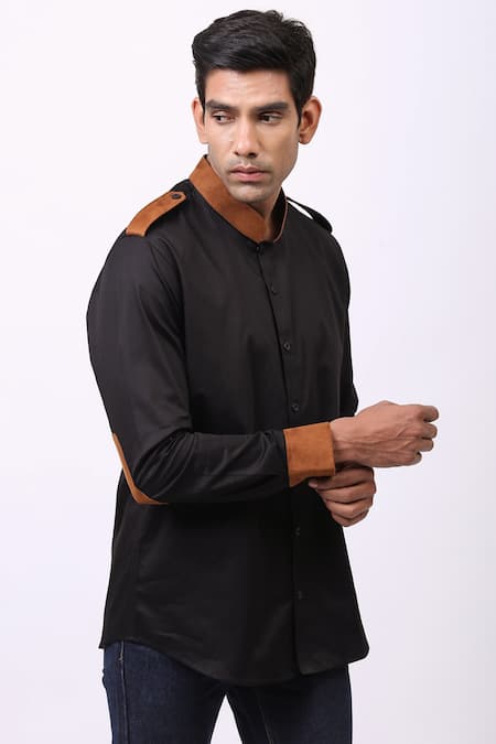 Cosa Nostraa_Black Giza Cotton, Vegan Suede Panelled Shirt _Online_at_Aza_Fashions