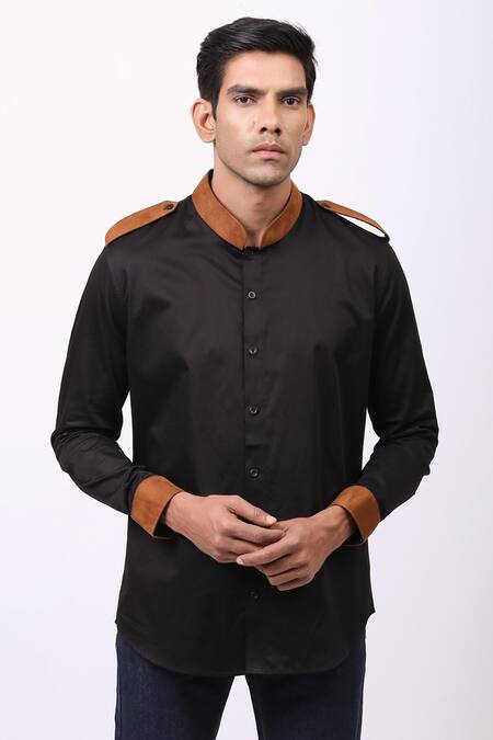 Buy_Cosa Nostraa_Black Giza Cotton, Vegan Suede Panelled Shirt _Online_at_Aza_Fashions