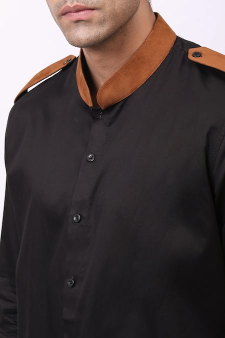 Cosa Nostraa_Black Giza Cotton, Vegan Suede Panelled Shirt _at_Aza_Fashions
