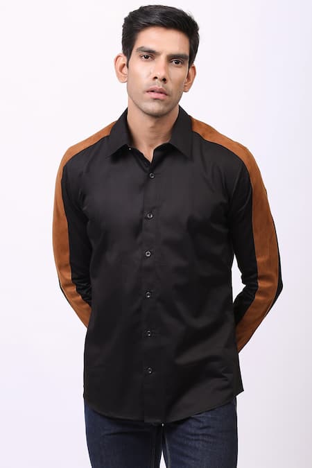 Buy Cosa Nostraa Black Giza Cotton, Vegan Suede Contrast Panelled Shirt Online at Aza Fashions Buy_Cosa Nostraa_Black Giza Cotton, Vegan Suede Contrast Panelled Shirt _Online_at_Aza_Fashions