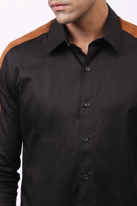 Cosa Nostraa Black Giza Cotton, Vegan Suede Contrast Panelled Shirt at Aza Fashions Cosa Nostraa_Black Giza Cotton, Vegan Suede Contrast Panelled Shirt _at_Aza_Fashions