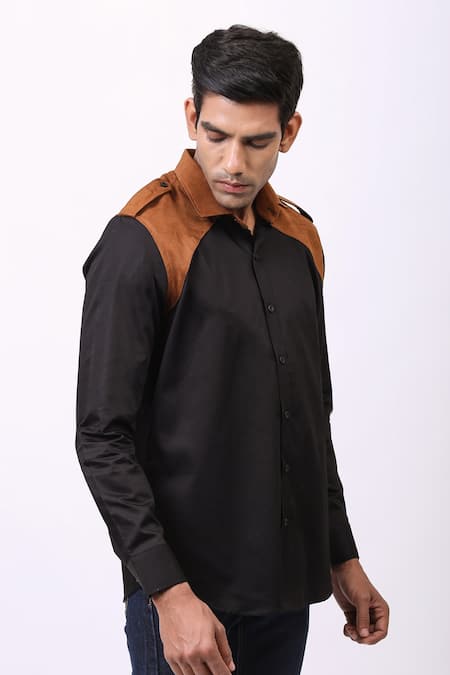 Cosa Nostraa_Black Giza Cotton, Vegan Suede Panelled Shirt _Online_at_Aza_Fashions