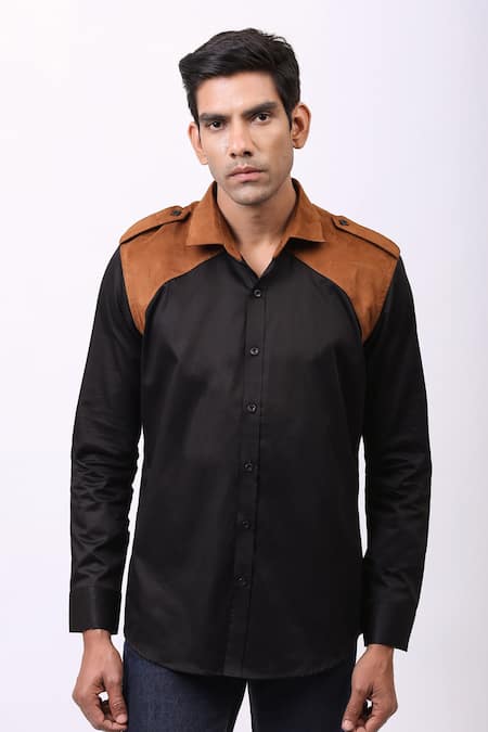 Buy_Cosa Nostraa_Black Giza Cotton, Vegan Suede Panelled Shirt _Online_at_Aza_Fashions