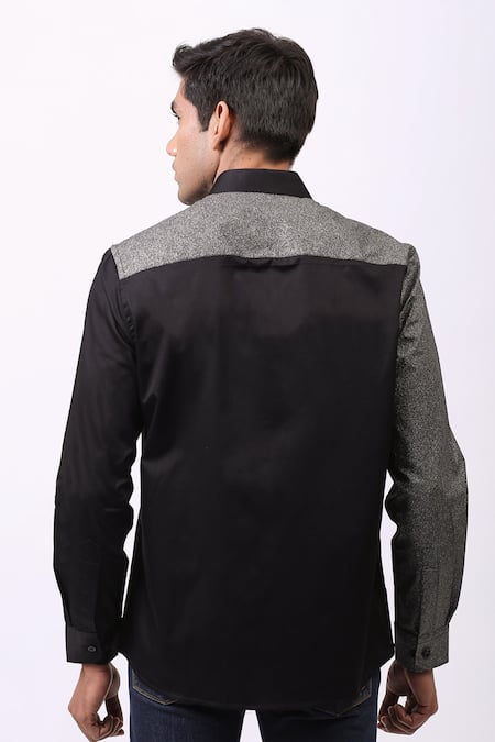 Shop Cosa Nostraa Black Giza Cotton, Premium Glitter Contrast Metallic Panelled Shirt at Aza Fashions Shop_Cosa Nostraa_Black Giza Cotton, Premium Glitter Contrast Metallic Panelled Shirt _at_Aza_Fashions