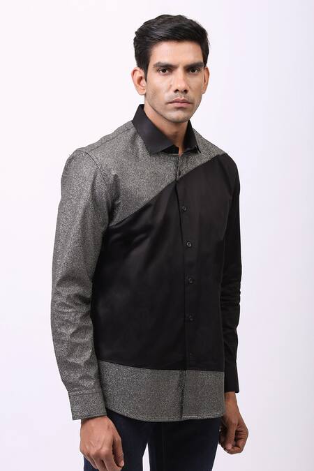 Cosa Nostraa Black Giza Cotton, Premium Glitter Contrast Metallic Panelled Shirt Online at Aza Fashions Cosa Nostraa_Black Giza Cotton, Premium Glitter Contrast Metallic Panelled Shirt _Online_at_Aza_Fashions