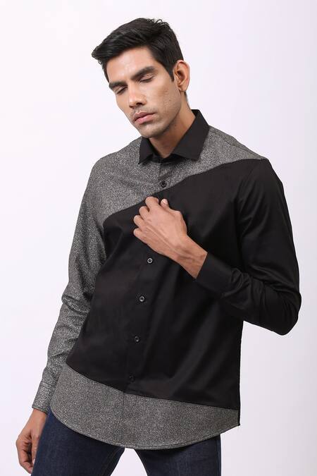 Buy Cosa Nostraa Black Giza Cotton, Premium Glitter Contrast Metallic Panelled Shirt Online at Aza Fashions Buy_Cosa Nostraa_Black Giza Cotton, Premium Glitter Contrast Metallic Panelled Shirt _Online_at_Aza_Fashions