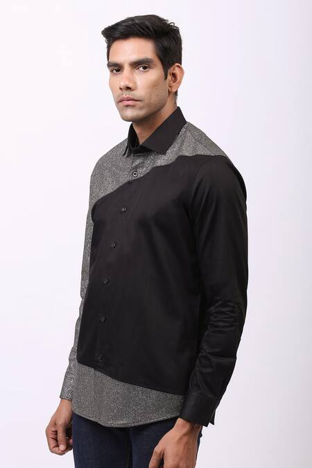 Shop Cosa Nostraa Black Giza Cotton, Premium Glitter Contrast Metallic Panelled Shirt Online at Aza Fashions Shop_Cosa Nostraa_Black Giza Cotton, Premium Glitter Contrast Metallic Panelled Shirt _Online_at_Aza_Fashions