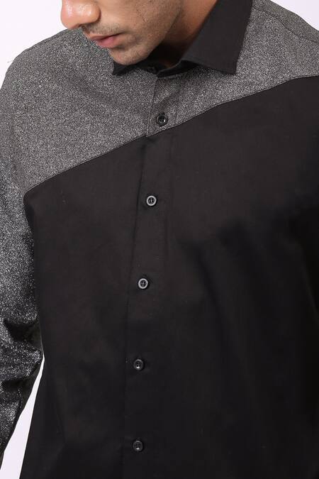 Cosa Nostraa Black Giza Cotton, Premium Glitter Contrast Metallic Panelled Shirt at Aza Fashions Cosa Nostraa_Black Giza Cotton, Premium Glitter Contrast Metallic Panelled Shirt _at_Aza_Fashions