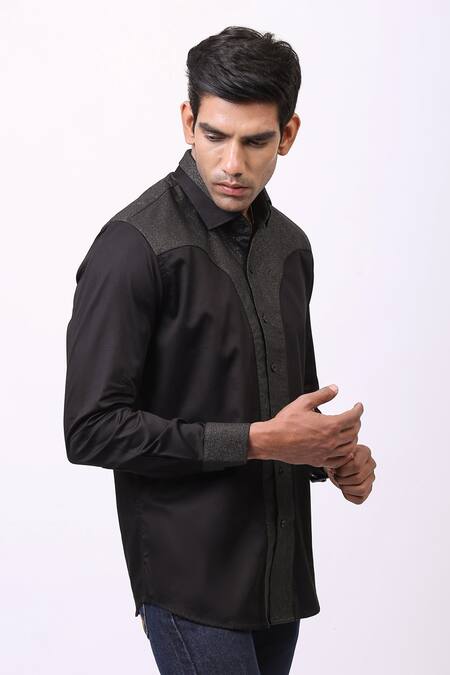 Cosa Nostraa_Black Giza Cotton, Premium Glitter Contrast Metallic Panelled Shirt _Online_at_Aza_Fashions