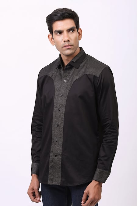 Shop_Cosa Nostraa_Black Giza Cotton, Premium Glitter Contrast Metallic Panelled Shirt _Online_at_Aza_Fashions