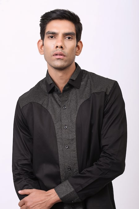 Cosa Nostraa_Black Giza Cotton, Premium Glitter Contrast Metallic Panelled Shirt _at_Aza_Fashions