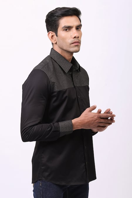 Cosa Nostraa_Black Giza Cotton, Premium Glitter Contrast Metallic Panelled Shirt _Online_at_Aza_Fashions