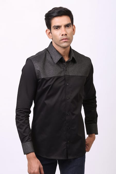 Buy_Cosa Nostraa_Black Giza Cotton, Premium Glitter Contrast Metallic Panelled Shirt _Online_at_Aza_Fashions
