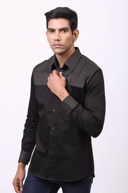 Shop_Cosa Nostraa_Black Giza Cotton, Premium Glitter Contrast Metallic Panelled Shirt _Online_at_Aza_Fashions